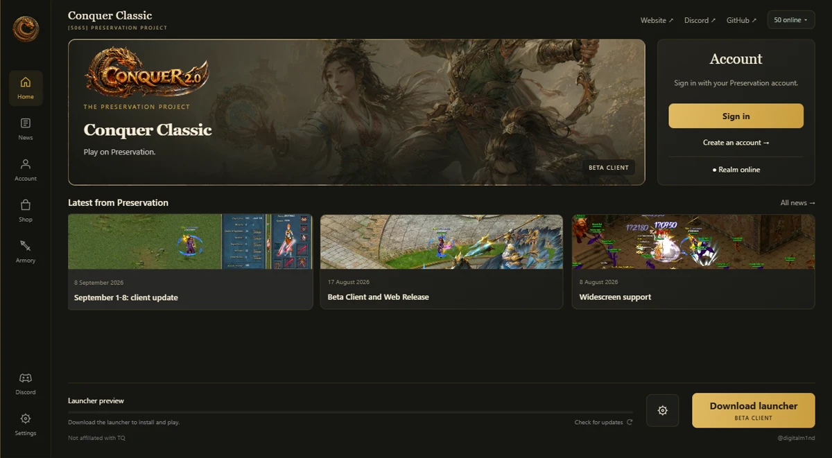 The Preservation launcher with news, armory and settings
